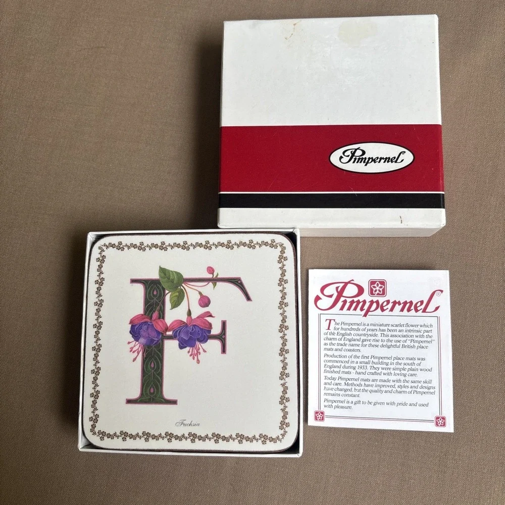 Pimpernel Set of 6 Letter F Fuschia  Coasters Cork Back in original box England